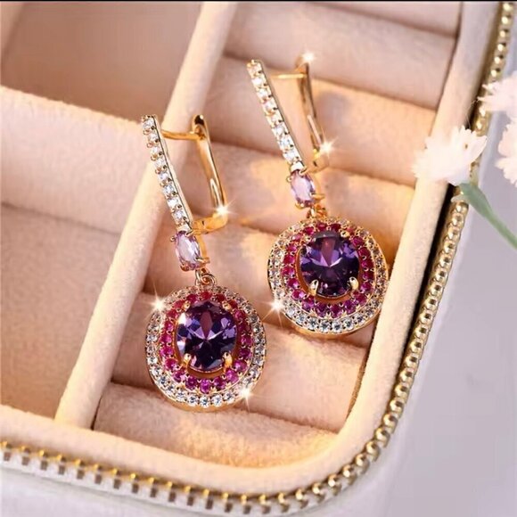 NWT Vintage Style Crystal Huggie Drop Earrings 14K Gold Plated Pink Purple - Picture 5 of 10
